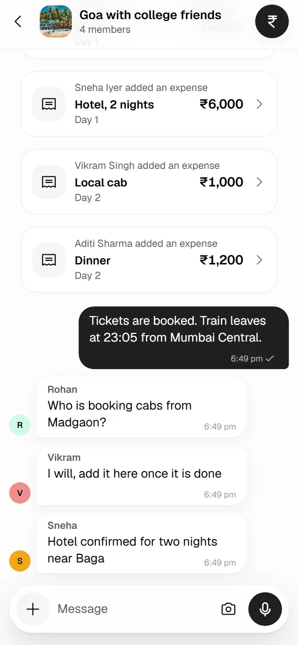 Group chat for Goa with college friends: expense cards for a hotel, a cab and dinner, then messages about train tickets and cabs.