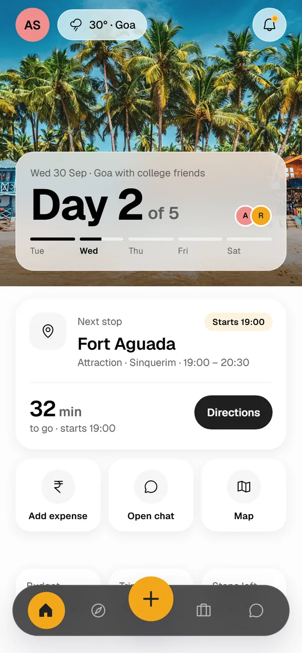 CTP home screen during a trip: Day 2 of 5 in Goa, the next stop Fort Aguada in 32 minutes, and buttons to add an expense, open the chat or the map.